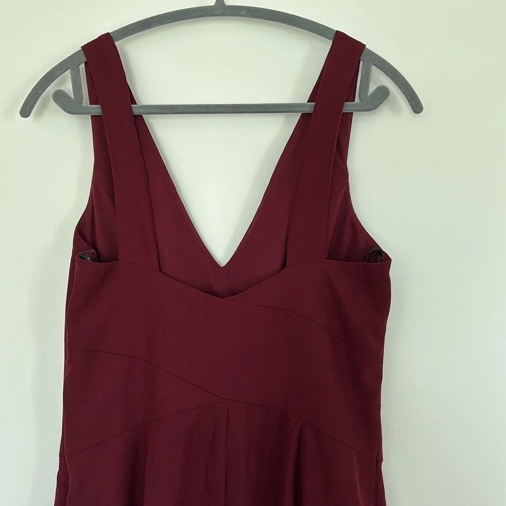 Dessy Collection vneck open back trumpet maroon red long maxi formal dress gown